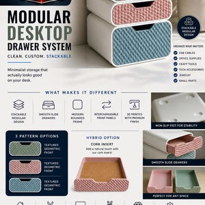 May include: Modular desktop drawer system with a stackable design. The drawers are white with interchangeable front panels in green, pink, and blue geometric patterns. Features smooth slide drawers and a modern rounded frame.