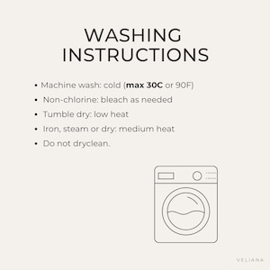 Puede incluir: Un gr&aacute;fico con el t&iacute;tulo WASHING INSTRUCTIONS en texto negro sobre fondo claro. Enumera: Machine wash cold (max 30C or 90F), Non-chlorine bleach as needed, Tumble dry low heat, Iron steam or dry medium heat, Do not dryclean. Incluye un icono de lavadora.
