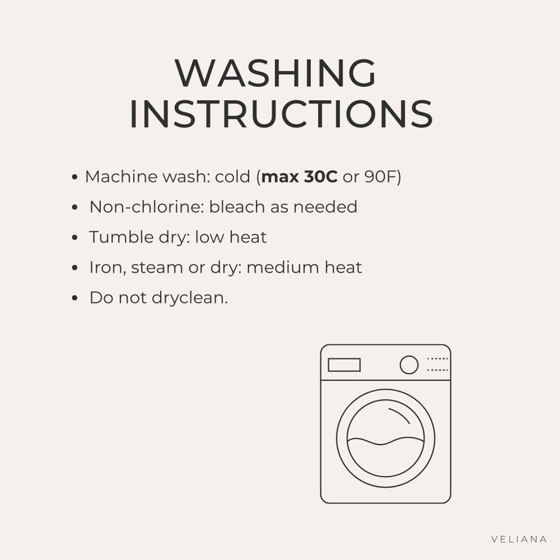 Puede incluir: Un gr&aacute;fico con el t&iacute;tulo WASHING INSTRUCTIONS en texto negro sobre fondo claro. Enumera: Machine wash cold (max 30C or 90F), Non-chlorine bleach as needed, Tumble dry low heat, Iron steam or dry medium heat, Do not dryclean. Incluye un icono de lavadora.