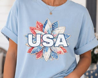 Camiseta floral de EE. UU., camiseta del 4 de julio, camiseta patriótica, camiseta gráfica de Estados Unidos, camiseta del Día de la Independencia, camiseta Comfort Colors, 250 aniversario de EE. UU.