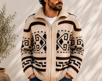 Cardigan invernale da uomo in lana lavorato a mano con zip, collo alto, maglia grossa.