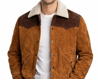 Men's Suede Western Jacket – Brown Ranch Coat with Faux Fur Collar