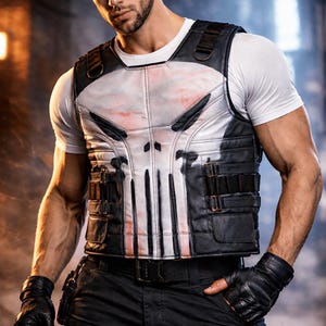 May include: A black and white vest with a skull design, worn over a white t-shirt. The vest has a leather appearance with black straps and buckles. The person is also wearing black gloves and pants.