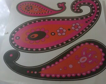 Wall Stickers Set of 6 Art Paisley Hot Pink Orange Black Teens Decor