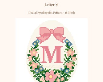 Personalized Easter Egg Needlepoint Pattern – Letter M, Floral Wreath (Digital Download)