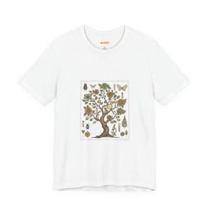 May include: White t-shirt featuring a detailed illustration of a tree with botanical and scientific elements. The design includes insects, flowers, and a microscope, creating a vintage, educational aesthetic.