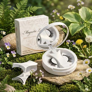 Könnte beinhalten: Eine weiße Schachtel und ein Etui mit dem Text "Magnetic Lashes" und "Professional". Das Etui ist geöffnet und zeigt falsche Wimpern und einen Spiegel. Ein weißes Applikatorwerkzeug ist ebenfalls vorhanden. Die Szene spielt sich im Freien mit Grün und Blumen ab.