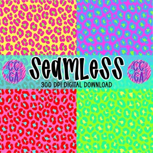 May include: A digital download featuring four vibrant leopard print patterns. The designs showcase neon pink, yellow, blue, and green spots on various backgrounds. The word "SEAMLESS" is displayed in bold black letters, with "300 DPI DIGITAL DOWNLOAD" below.