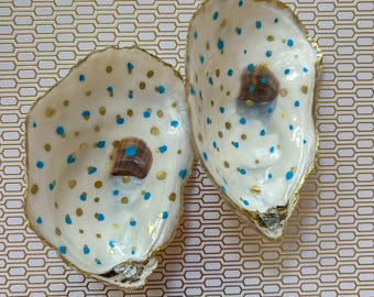 Hand Painted Oyster Trinket Dish | Blue Gold Confetti Ring Bowl
