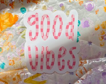 Good Vibes Sticker | Pink Gingham Checkered Decal, Girly Retro Style