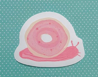 Pink Donut Snail Sticker | Strawberry Frosted Foodie Art, Water Bottle Decal
