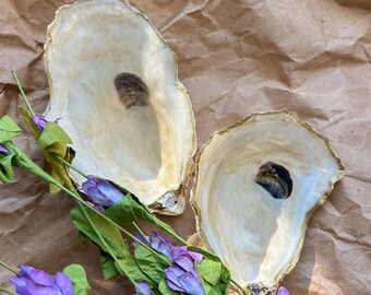 Golden Oyster Trinket Dish | Hand Painted Coastal Ring Bowl