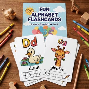 May include: A set of alphabet flashcards with the text "FUN ALPHABET FLASHCARDS Learn English A to Z". The cards feature illustrations of a duck and a giraffe, with the letters "Dd" and "Gg". Colorful crayons and wooden toys surround the cards.