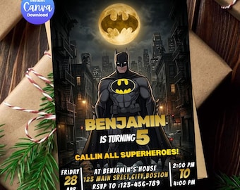 Editable Superhero Birthday Invitation, Bat Theme Party Invite (Digital Download)
