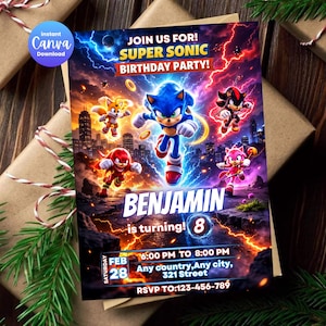 Może przedstawiać: Żywe zaproszenie na przyjęcie urodzinowe z Soniciem Jeżem i przyjaciółmi. Projekt zawiera tekst "JOIN US FOR! SUPER SONIC BIRTHDAY PARTY!" oraz szczegóły wydarzenia, w tym imię "BENJAMIN" i datę 28 lutego.