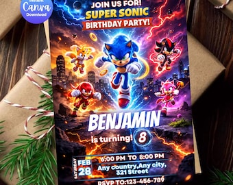 Editable Sonic the Hedgehog Birthday Invitation Template digital dwonload, Printable Kids Sonic Party Invite
