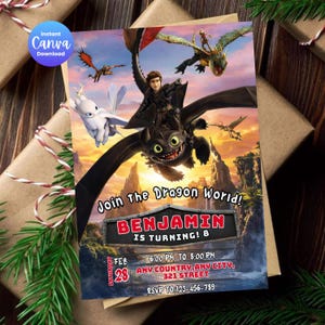 Puede incluir: Una colorida invitación con personajes de la película "Cómo entrenar a tu dragón". La invitación incluye el texto "Join the Dragon World!" y detalles de una fiesta de cumpleaños, incluyendo el nombre "BENJAMIN" y la fecha.