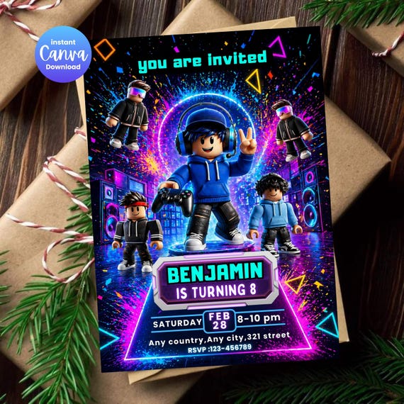 Roblox Birthday Invitation – Neon Gaming Theme, Kids Party Invite (Digital Download)