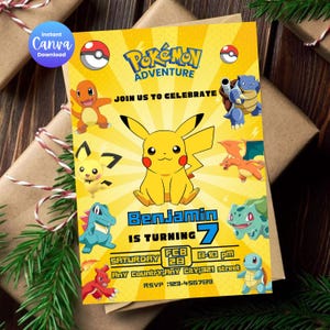 May include: Yellow Pokémon-themed birthday invitation featuring Pikachu and other characters. The invitation includes the text "Pokémon Adventure" and details for a party, including the name "Benjamin" and the age "7".