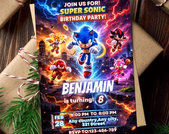 Editable Sonic the Hedgehog Birthday Invitation Template digital dwonload, Printable Kids Sonic Party Invite