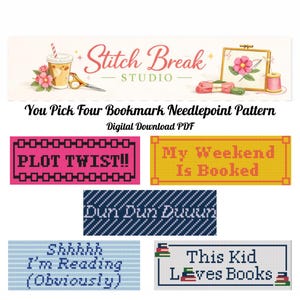 Pick 4 Bookmark Needlepoint Patterns | Modern Book Lover Designs (PDF Download)