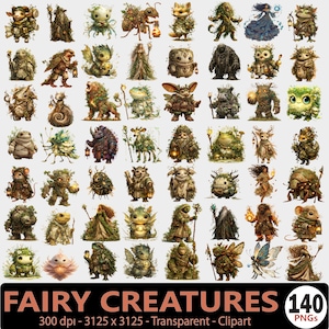 Op de afbeelding: Een verzameling van 140 clip-art afbeeldingen van feeënwezens. De illustraties tonen verschillende grillige wezens in verschillende kleuren en stijlen. De tekst "FAIRY CREATURES" wordt onderaan weergegeven.