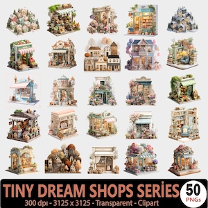 May include: A collection of 20 miniature shop illustrations, each with unique architectural details and vibrant colors. The shops include a bookstore, cafe, and flower shop, among others. The text "TINY DREAM SHOPS SERIES" is at the bottom, along with "50 PNGs".