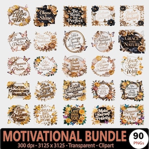 Puede incluir: Una colección de 30 diseños de citas motivacionales con detalles florales y de mariposas. Cada diseño presenta una frase única en un marco decorativo, como "She Knows Her Worth" y "Choose Shine". La parte inferior de la imagen dice "MOTIVATIONAL BUNDLE 90 PNGs."