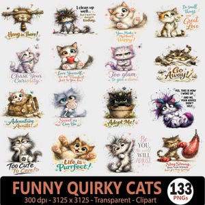 May include: A collection of sixteen digital illustrations featuring various kittens in different poses and expressions, each accompanied by unique text phrases such as Hang in There, Love Yourself, and Adopt Me, presented in a grid layout.