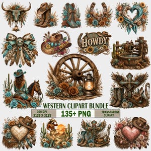 Puede incluir: Una colección digital de imágenes prediseñadas con temática del Oeste que incluye ilustraciones de vaqueras, botas, sombreros, caballos, cactus, herraduras, ruedas de carreta, linternas y flores. El texto dice WESTERN CLIPART BUNDLE 135+ PNG.