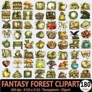 Puede incluir: Una colección de 180 imágenes prediseñadas de fantasía forestal. Las imágenes incluyen ilustraciones caprichosas de hongos, casas, animales y otros elementos de fantasía. El clipart es transparente y adecuado para varios proyectos creativos.