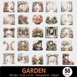 May include: A set of 50 transparent clipart images showcasing garden scenes. The images include floral arches, swings, stairways, and benches, decorated with colourful flowers and butterflies. The word "GARDEN" is displayed at the bottom.