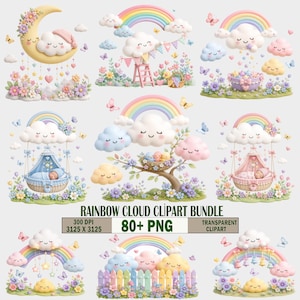 Op de afbeelding: Een digitaal clipart-pakket met pastelkleurige illustraties van lachende wolken, regenbogen, slapende baby's in hangende manden, bloemen en vlinders. De tekst luidt RAINBOW CLOUD CLIPART BUNDLE, 300 DPI, 3125 X 3125, 80+ PNG, TRANSPARENT CLIPART.