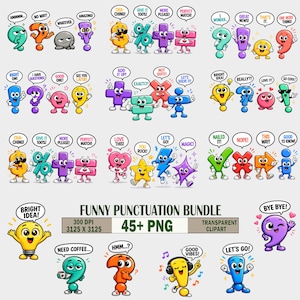 May include: A digital collection of colourful cartoon punctuation marks and symbols with expressive faces and limbs. Each character features a speech bubble with phrases like "CHA-CHING!", "GIVE IT 100%", "BRIGHT IDEA!", and "NEED COFFEE". The text "FUNNY PUNCTUATION BUNDLE 45+ PNG" is centred.