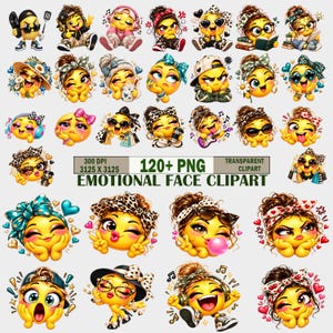 Puede incluir: Una colección de más de 120 imágenes prediseñadas PNG digitales con caras de emoji amarillas con diversas expresiones, peinados y accesorios como sombreros, gafas y lazos, etiquetadas como 120+ PNG 300 DPI 3125 x 3125 Emotional Face Clipart.