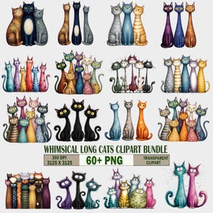 Peut inclure: Une collection numérique d'illustrations de chats représentant divers groupes de chats au corps long dans des couleurs et motifs variés. Le texte WHIMSICAL LONG CATS CLIPART BUNDLE 300 DPI 3125 X 3125 60+ PNG TRANSPARENT CLIPART est affiché au centre.
