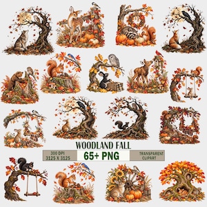 Könnte beinhalten: Eine Sammlung digitaler Wald-Herbst-Cliparts mit verschiedenen Waldtieren wie Rehen, Eichhörnchen, Kaninchen und Eulen inmitten von Herbstlaub, Kürbissen und Bäumen. Der Text lautet WOODLAND FALL 65+ PNG 300 DPI 3125 X 3125 TRANSPARENT CLIPART.