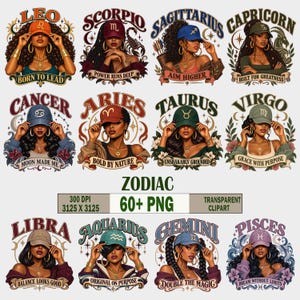 May include: A digital collection of twelve zodiac-themed illustrations featuring diverse individuals wearing baseball caps, each labelled with a sign name and a phrase like Born to Lead, Power Runs Deep, Aim Higher, Built for Greatness, Moon Made Me, Bold by Nature, Unshakably Grounded, Grace with Purpose, Balance Looks Good, Original on Purpose, Double the Magic, and Dream Without Limits. Text includes 300 DPI, 3125 x 3125, 60+ PNG, and Transparent Clipart.