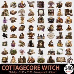 May include: A collection of 140 Cottagecore Witch PNG clipart images. The images include illustrations of a deer, books, trees, potions, candles, a black cat, an owl, and other mystical objects. The text "COTTAGECORE WITCH" is at the bottom.
