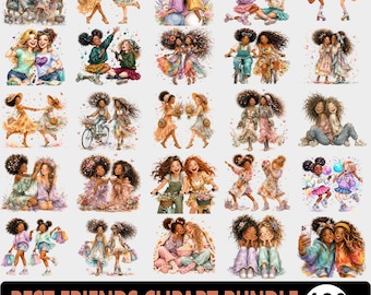 May include: A digital collection of 120 PNG illustrations featuring pairs of best friends in various activities, including cycling, shopping, and dancing. The artwork displays diverse characters with detailed hairstyles and colorful outfits.