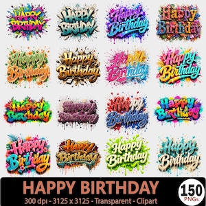 May include: Sixteen colourful "Happy Birthday" designs in diverse styles. Each design features the text "Happy Birthday" in a graffiti or splash art style, with vibrant colours like blue, pink, and yellow. The bottom of the image includes text about the image's resolution and file type.