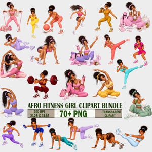 May include: A digital collection of Afro fitness girl clipart featuring various characters in athletic wear performing exercises like weightlifting, yoga, and running, with the text AFRO FITNESS GIRL CLIPART BUNDLE 70+ PNG 300 DPI 3125 X 3125.