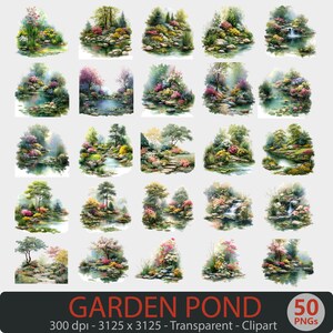 Puede incluir: Un conjunto de 25 imágenes prediseñadas de acuarela que representan estanques de jardín. Cada imagen muestra un paisaje único con flores coloridas, árboles y elementos acuáticos. El texto "GARDEN POND" se muestra en la parte inferior, con detalles técnicos.