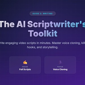 Peut inclure: Graphique numérique sur fond dégradé violet. Le texte indique "The AI Scriptwriter's Toolkit" avec la légende "Écrivez des scripts vidéo attrayants en quelques minutes." Les boutons ci-dessous indiquent "Full Scripts" et "Voice Cloning."