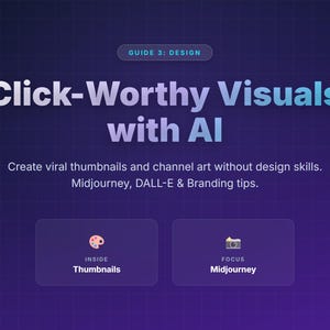 May include: A digital graphic with a gradient purple background. The text reads "Click-Worthy Visuals with AI" and "Create viral thumbnails and channel art without design skills." Below are two buttons labeled "Thumbnails" and "Midjourney."