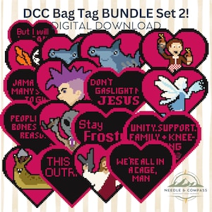 May include: A digital download bundle of heart-shaped bag tags featuring pixel art designs. The collection includes various illustrations and text such as 'Don't Gaslight Me Jesus', 'Stay Frosty', and 'We're All In A Cage, Man' in pink and black colors.