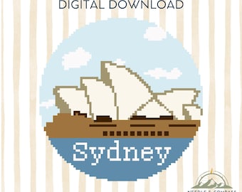 Sydney-naaldpuntpatroon | Ornament Sydney Opera House pdf | Reisaandenken Australië | Ronde borduurkaart | Direct downloaden