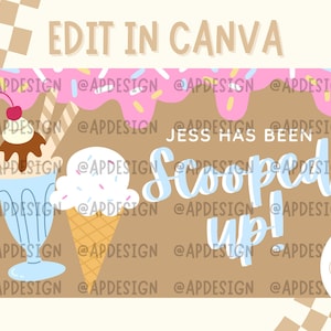 Peut inclure: Conception numérique avec des glaces et le texte "Jess Has Been Scooped Up!". Le design comprend un milkshake, un cornet de glace et un glaçage rose dégoulinant avec des vermicelles. Le fond est beige.