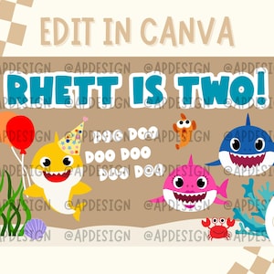 Może przedstawiać: Grafika cyfrowa na przyjęcie urodzinowe z napisem "Rhett is Two!" w kolorze niebieskim. Projekt przedstawia kreskówkowe rekiny, balony i życie morskie w kolorowym, zabawnym stylu. Zawiera również słowa "Doo Doo".