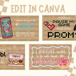 Puede incluir: Una colección de diseños digitales con gráficos temáticos de graduación. Los diseños incluyen una lata de refresco, una caja de donuts, un corazón pixelado, un mando de videojuegos y el texto "Edit in Canva". La paleta de colores incluye rosa, marrón y blanco.